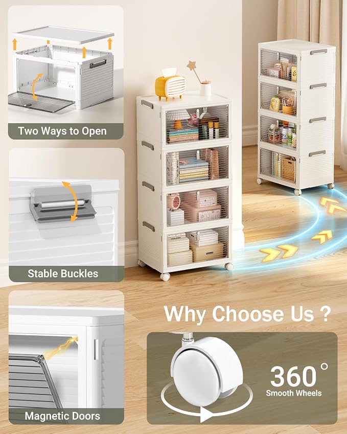 23QT Stackable Storage Bins with Lids and Wheels, 4 Tier 92QT Foldable Plastic Storage Drawers with Magnetic Doors, 4 Pack Collapsible Closet Organizer for Bedroom Office, White - Image 6