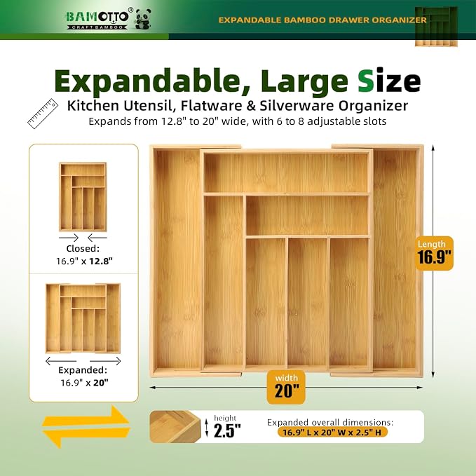 BAMOTTO CRAFTBAMBOO Expandable Bamboo Drawer Organizer for Kitchen, 8 Slot | Silverware & Cutlery Tray | Utensil Holder | 12.8"–20" Adjustable | Office & Bathroom | Flatware Organizer - Image 2