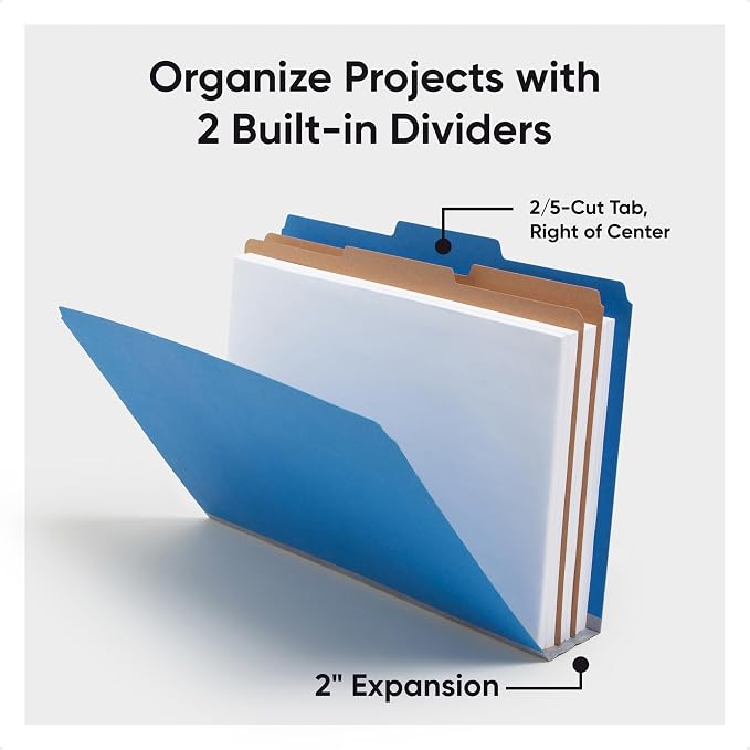 Smead Pressboard Legal Size File Folders with SafeSHIELD Fasteners, 2 Dividers, 2" Expansion, Office Folders, Paper Holder, Dark Blue, 10 per Box (19035) - Image 6
