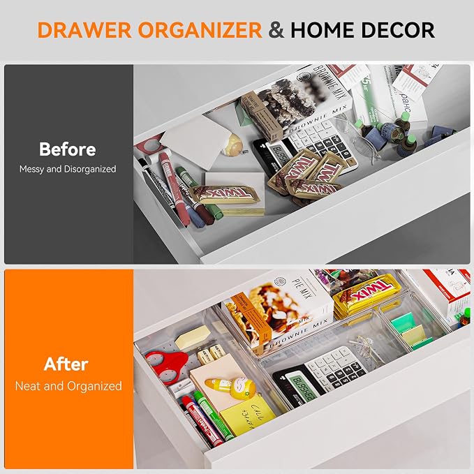 8 Pack Drawer Organizer for Kitchen Gadgets, Large Clear Plastic Drawer Divider for Kitchen Accessories, Bathroom Organizers and Storage, Home Essentials for Makeup and Vanity Accessories - Image 5