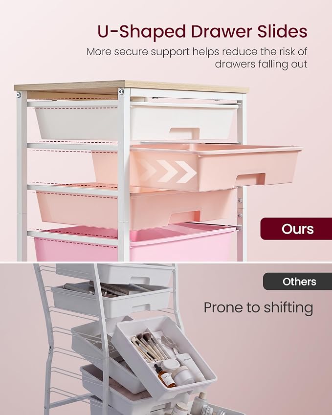 VASAGLE 5-Drawer Rolling Storage Cart, Mobile Organizer Trolley with Wood Top and Metal Frame, for Craft Room, Office, 15.6 x 11.2 x 24.8 inch, Pink, BENCO Collection ULRC005S101 - Image 4