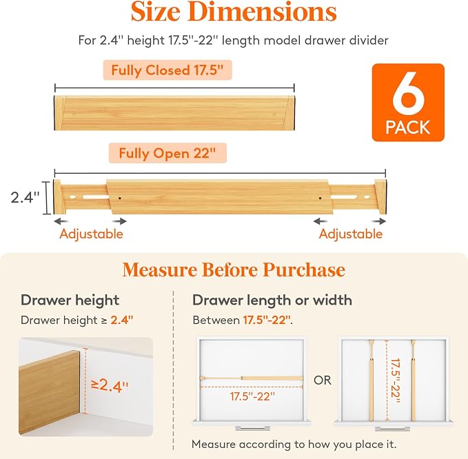 Lifewit 2.4" High 6 Pack Bamboo Drawer Dividers 45-55cm/17.5-22" Adjustable Wooden Drawer Organizer for Clothes/Utensils, Expandable Drawer Separator for Dresser/Kitchen/Bedroom/Office Organization - Image 3