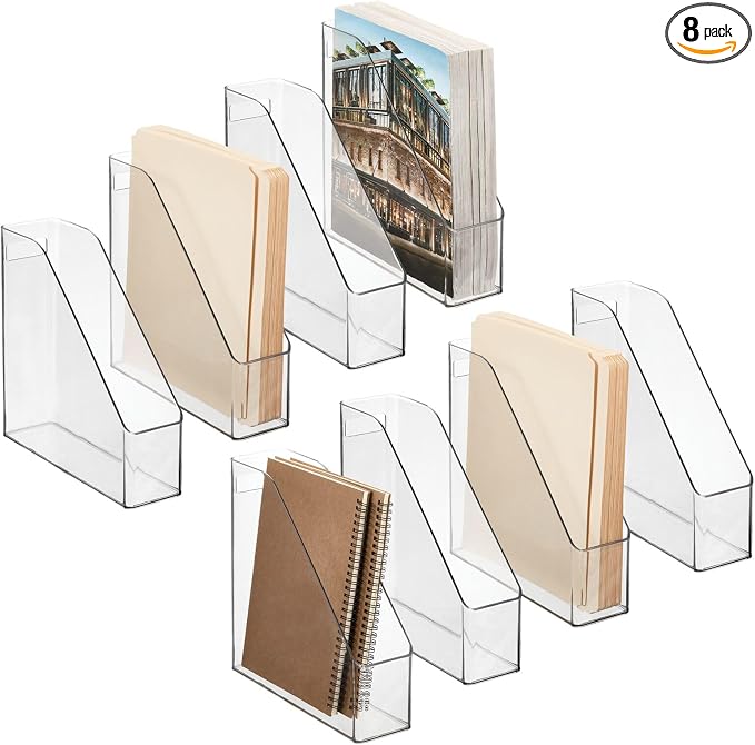 mDesign Plastic Slim Vertical File Folder Storage Organizer Bin with Handle, Hold Notebooks, Binders, Envelopes, Magazines for Home Office, Work Desktops, Ligne Collection, 8 Pack, Clear by mDesign