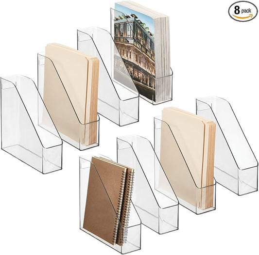 mDesign Plastic Slim Vertical File Folder Storage Organizer Bin with Handle, Hold Notebooks, Binders, Envelopes, Magazines for Home Office, Work Desktops, Ligne Collection, 8 Pack, Clear by mDesign
