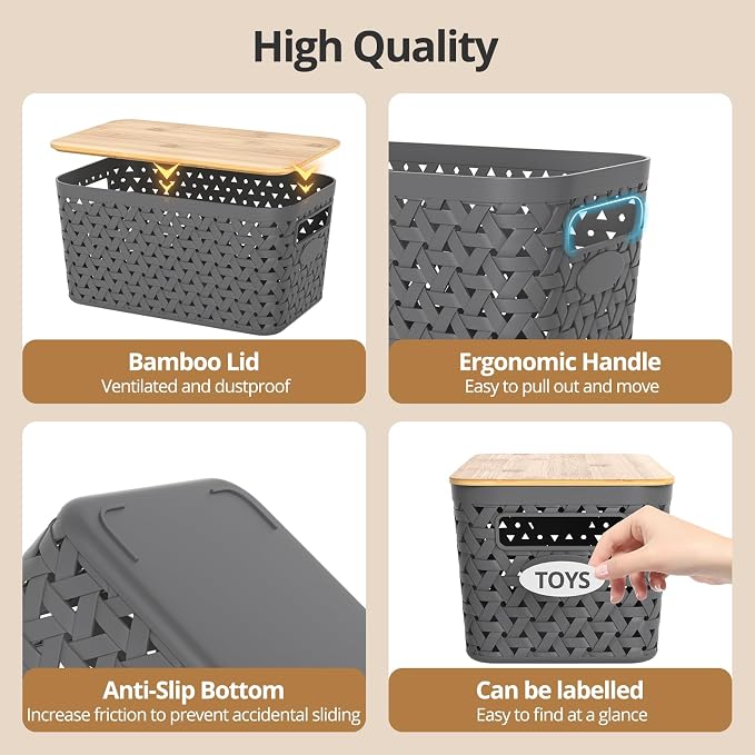 Plastic Storage Bins with Bamboo Lids, Stackable Small Box Baskets for Organizing and Containers for Shelves Drawers Desktop Closet Pantry Classroom Office Home, 4 Pack 12x7.3x6.2 Inch, Gray - Image 6