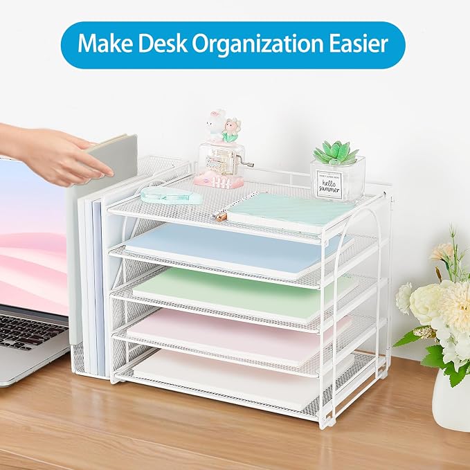 AUPSEN Desk Organizers and Accessories, 5-Tier Desktop Paper File Organizer with Removable File Holder, Desk Accessories & Workspace Organization for Home Office Supplies (White) - Image 4
