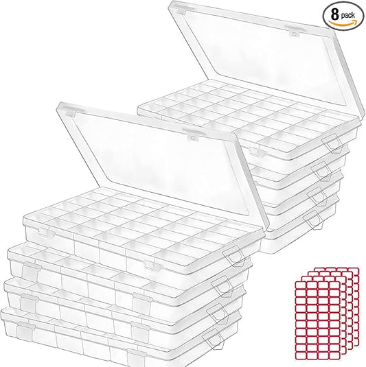 Budreu 8pack 36 Grids Plastic Clear Organizer Box bead Storage Containers with Adjustable Dividers for Craft Jewelry Fishing Tackles Parts Storage with 8 Sheets Label Stickers by Budreu