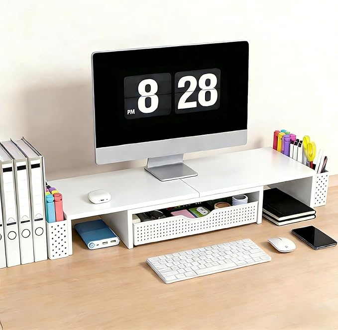 Spacrea Metal Desk Organizers and Accessories, Dual Monitor Stand Riser with Drawer and 2 Pen Holders, Desk Accessories & Workspace Desktop Organizers for Office Supplies (White) - Image 2