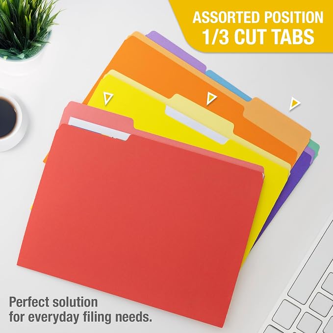 BAZIC Products Assorted Color File Folder, 1/3-Cut Tab, Letter, 100 Ct Box | staggered tabs, Fit standard file drawers and cabinets - Image 3