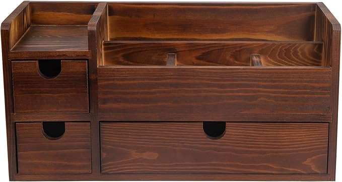Rustic Brown Wooden Desktop Organizer Drawers Removable Office Supplies Torched Wood Storage Cabinet Caddy Box Stationery Pencil Slots Mail Holder Notes Accessories Home Makeup Tools Cosmetics - Image 4