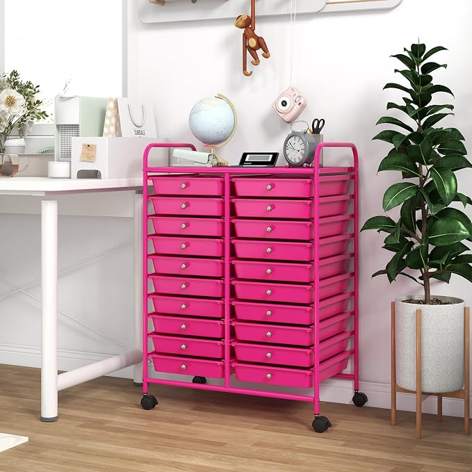 GOFLAME 20-Drawer Rolling Storage Cart, Multifunctional Art Craft Organizer Cart, Mobile Utility Storage Cart with Removable Drawers & Lockable Wheels, Craft Cart for Home Office, Hot Pink - Image 9