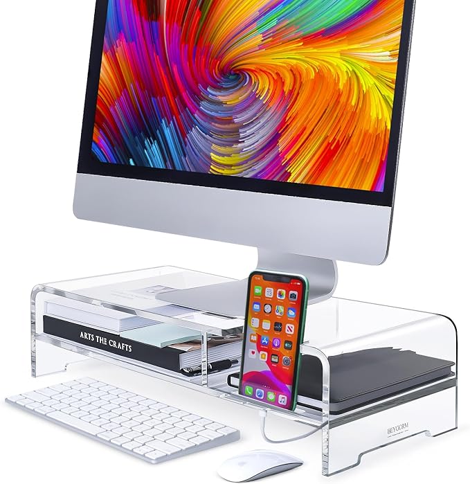BEYGORM Acrylic Monitor Stand for Full Keyboard, 20" Wide 2-Tier | Clear Riser with Storage Shelf and Phone Holder, Desktop Organizer for Laptop, Printer & Screen by BEYGORM