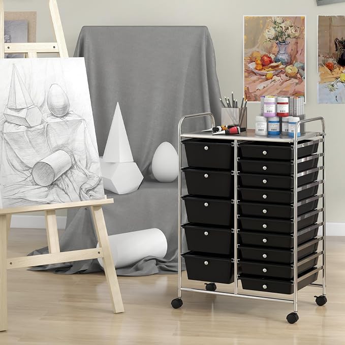 Giantex 15 Drawer Rolling Storage Cart Tools Scrapbook Paper Office School Organizer, Black - Image 2
