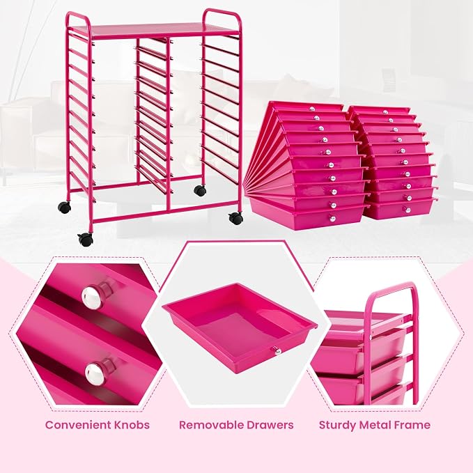 GOFLAME 20-Drawer Rolling Storage Cart, Multifunctional Art Craft Organizer Cart, Mobile Utility Storage Cart with Removable Drawers & Lockable Wheels, Craft Cart for Home Office, Hot Pink - Image 6