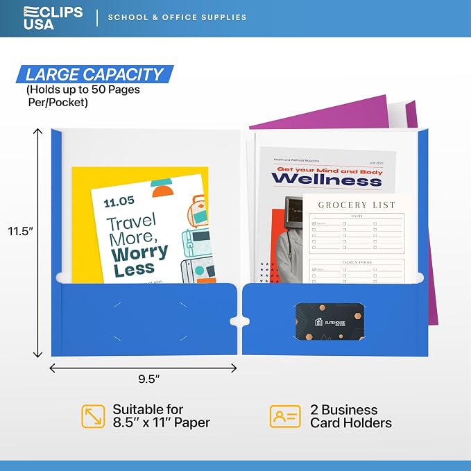 Folders with Pockets 2 Pocket Folders Bulk, Holds 100 Sheets (50 Sheets Per Pocket) Assorted Colors Office Or School (25) - Image 2