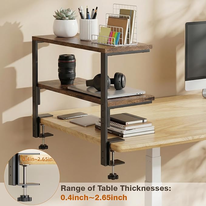 2-Tier Desk Extender, 22-inch Clamp-On Desk Shelf, Height-Adjustable Desktop Shelf Organizer for Monitors Office and Gaming Accessories, Arm Support Table Extension, Dark Brown - Image 8