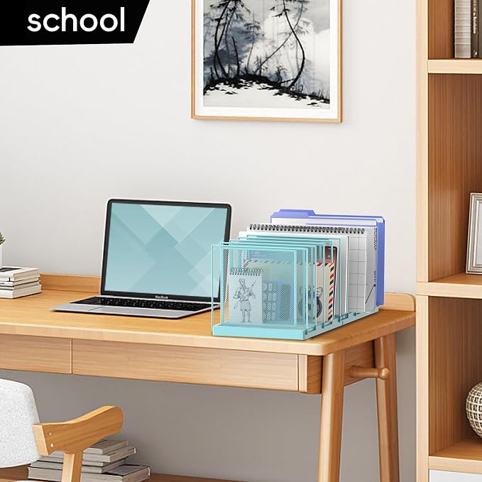 9-Section Desk File Organizer, Vertical File Holder, Mesh Desktop File Folder Metal File Organizer Stand for Office Home Classroom, Blue - Image 8