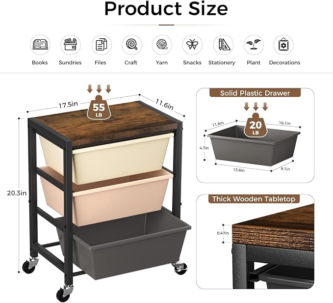Rolling Cart with 3 Drawers, Plastic Drawer Storage Carts with Lockable Wheels & Wooden Tabletop, Metal Art Craft Utility Cart Organizer for Home Office Bedroom Dorm Bedside Classroom, Dark Brown - Image 4