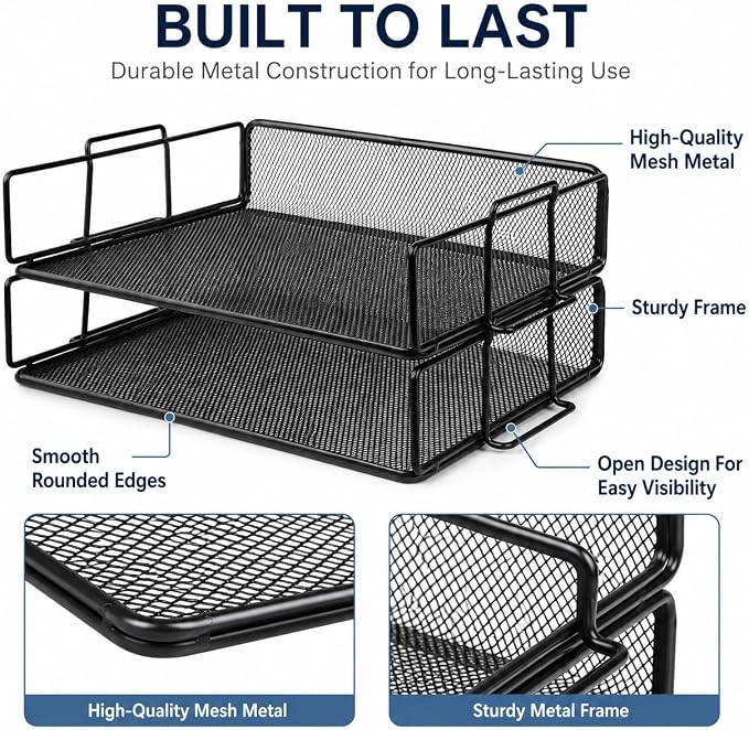 Exerz Letter Trays Stackable Paper Sorter/Desk Organiser/File Tray for Desk - Wire Mesh Metal File Rack - Office, School, Home Study (Black 2pcs) | Two Tier Metal Mesh Stackable Saves Desk Space Holds A4 Papers Folders Notebooks Magazines For Office Ho... - Image 4
