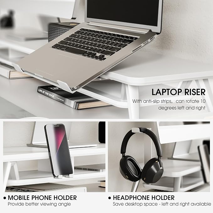 Fenge 42.5-Inch Monitor Stand Riser with Laptop, Phone & Headphone Holders | 10° Adjustable Laptop Holder, 2-Tier Storage, Dual Monitor or Monitor-Laptop Setup, Ideal for Multitasking, Gaming, Streaming - Image 3