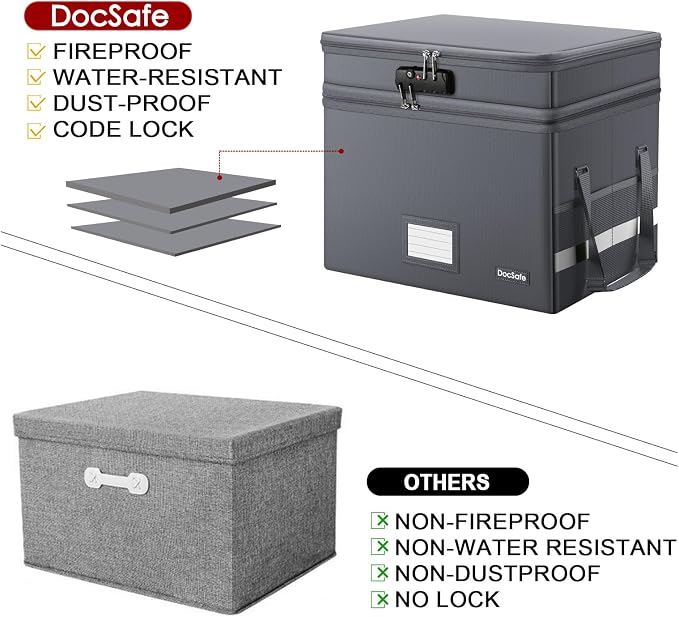 DocSafe File Box with Lock,Multi-Layer Fireproof Document Box Collapsible File Storage Organizer with Pockets/Handle,Large Portable Home Office Filing Box for Hanging Letter/Legal Size Folders,Gray - Image 7