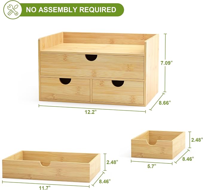 Bamboo Desk Organizer wtih Drawers Mini Desktop Drawer Tabletop Storage | 100% Bamboo Countertop Organizer Drawers,Makeup Storage,Kitchen Spice Organizers,3 Drawer Tabletop Storage,for Home Office - Image 3