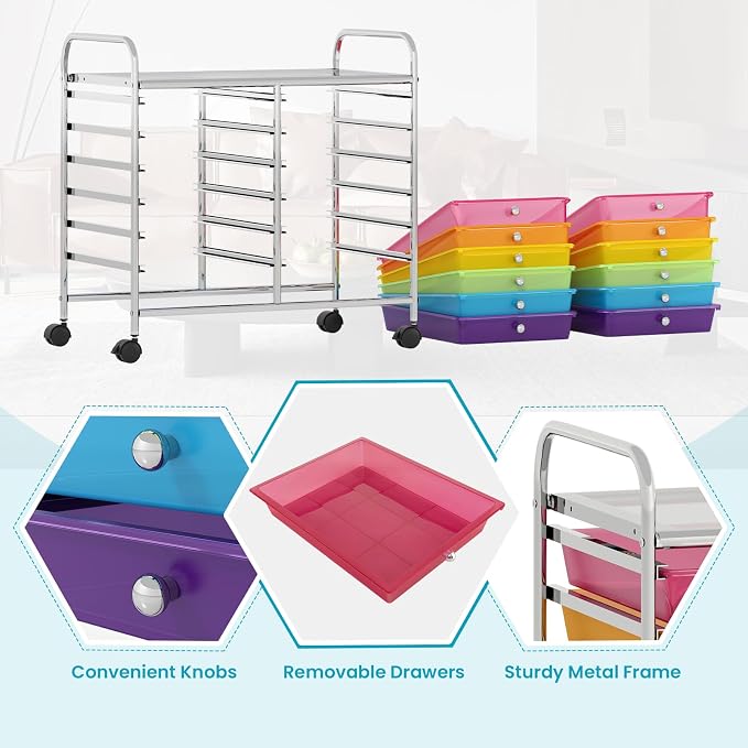 GOFLAME 12-Drawer Rolling Storage Cart, Multifunctional Art Craft Organizer Cart, Mobile Utility Storage Cart with Removable Drawers & Lockable Wheels, Craft Cart for Home Office School, Rainbow - Image 6