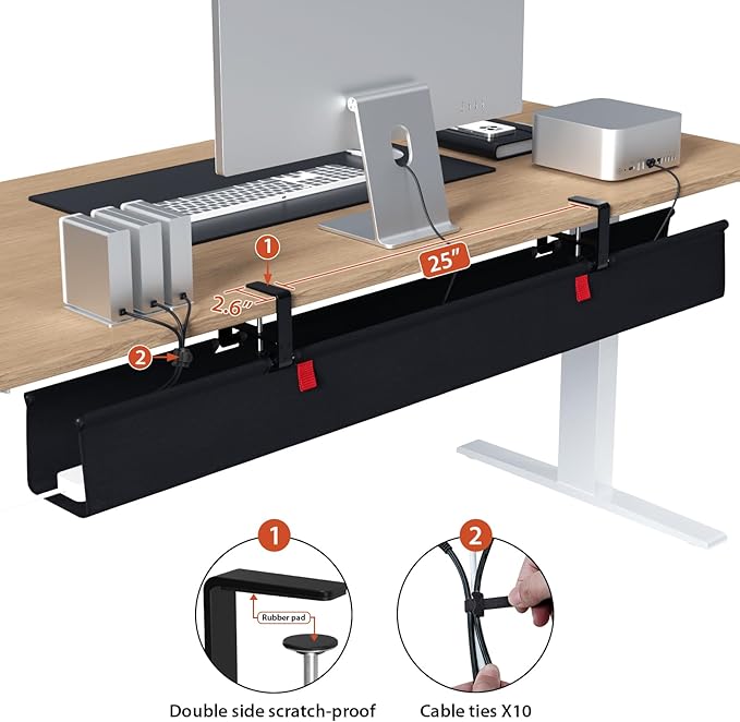 Univivi No Drill Under Desk Cable Management Tray, 48 inch Cable Management | Clamp/Screw Mount Desk Cable Organizer, Premium Fabric Cable Management Tray, Large Capacity Cord Organizer for Office, Home - Image 3