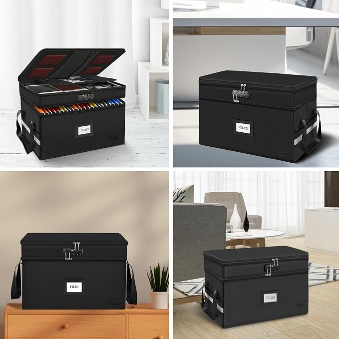 Large Fireproof Document Box with Lock, 2 Layer File Storage Organizer Box | Portable Office Collapsible File Storage with Reflective Strip & Handle for Hanging Letters, Legal Size Folder, Certificate - Image 2