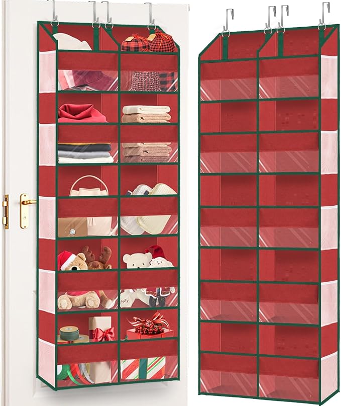 Over The Door Organizer 5 Tiers Extra Large Behind Door Storage of 10 | 80 lbs Weight Capacity Hanging Storage Organizer with Clear Window Kids Toys, Shoes, Diapers, Red by Ofiray-home