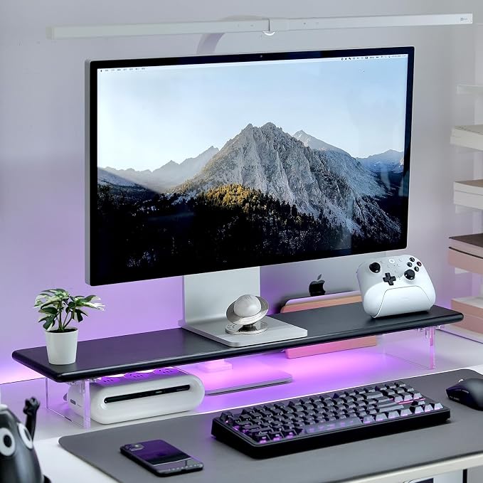 Bamboo Monitor Stand, Desk Shelf with Acrylic Legs and RGB Lights | 31.5-Inch Wide, 3.3-Inch Clearance, Fits Monitor, Laptop, Printer and Speakers for Small Desks - Image 8