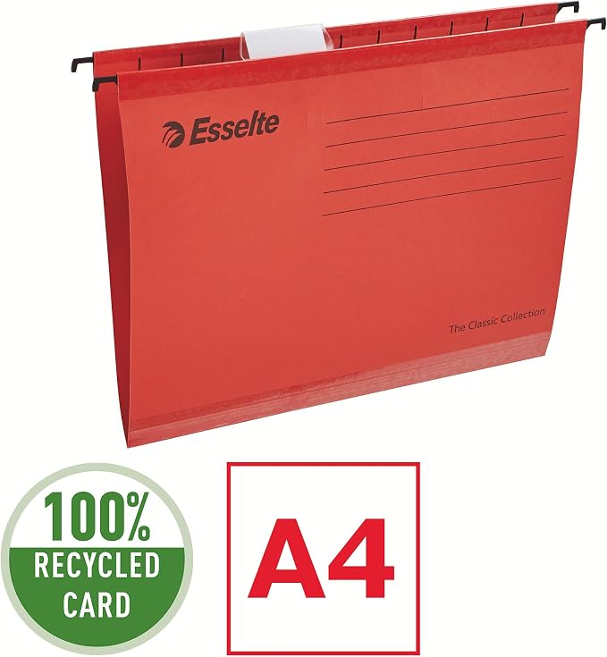 Esselte A4 Reinforced Filing Cabinet Suspension File, Pack 15 Made from Strong 100% Recycled Card, with Tabs and Card Inserts, for Home, Office, School Organisation, Assorted Colours - Image 3