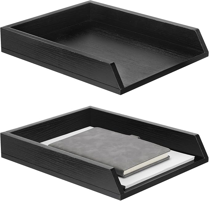 DoubleFill 2 Pcs Wooden Letter Trays 2 Tier Desktop Paper Organizer Wood Letter-Size Desk Document Tray Heavy Duty Stackable Paper Drawer Holder File Folder Back to School Office Home (Black) by DoubleFill