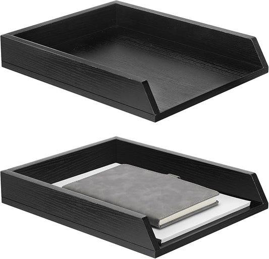 DoubleFill 2 Pcs Wooden Letter Trays 2 Tier Desktop Paper Organizer Wood Letter-Size Desk Document Tray Heavy Duty Stackable Paper Drawer Holder File Folder Back to School Office Home (Black) by DoubleFill