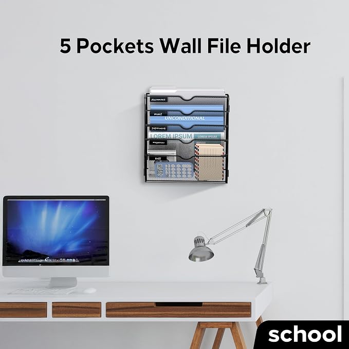 5-Tier Wall File Organizer and Hanging File Organizer, Black | Wall Organizer and Wall Mounted File Holder with 5 Pockets and Label Panels for Files, Mail, Folders, Magazines and Paper - Image 5