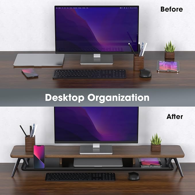 Fenge Dual Monitor Stand Riser, Wooden Desk Shelf with 2-Tier Storage | 42.5-Inch Wide, Sturdy Aluminum Legs, Built-In Phone & Tablet Slot, Desktop Organizer for Office Accessories - Image 8