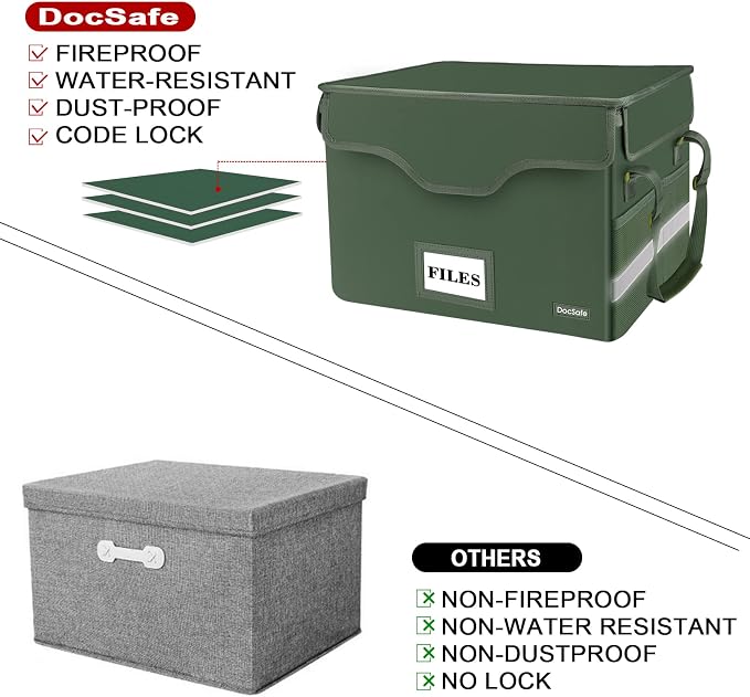 DocSafe Fireproof Document Box with Lock,File Storage Organizer with Pockets,Collapsible Portable File Box Home Office Safe Filing Cabinet with Handle for Hanging Letter/Legal Folders,Green,2 Pack - Image 7