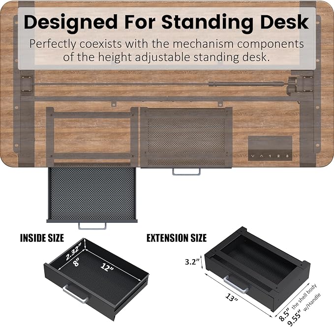 UNITEDPOWER Under Desk Drawer Storage, Pull-Out Office Hidden Counter Drawer, Metal Sliding Organizer Mount Below Table for Standing Electric Adjustable Height Desk, Black - Image 2