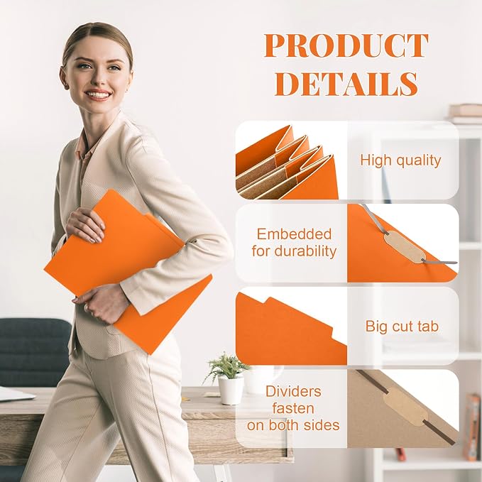Skyygemm 12 Pcs Classification Folders 3 Pocket Dividers Letter Size Employee File Folder with 2 Prong Fasteners 2 in Expansion Pressboard Medical Document Organizers Bulk for School Office(Orange) - Image 4