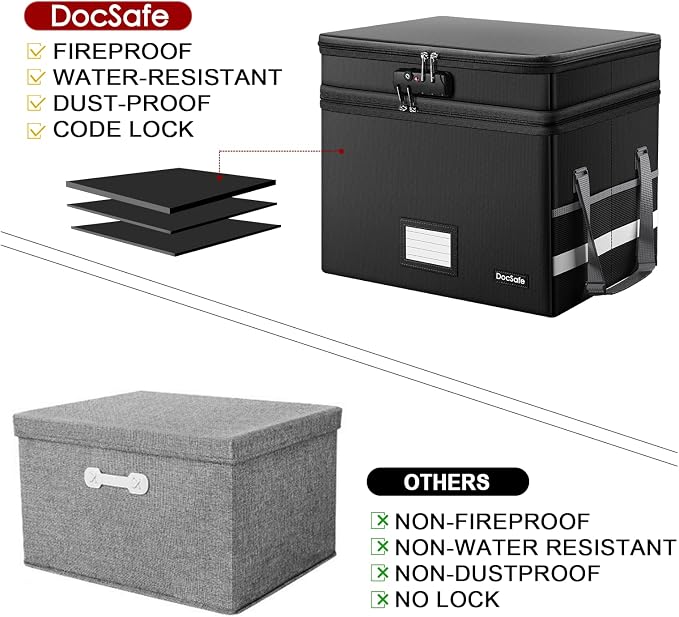 DocSafe File Box with Lock,Multi-Layer Fireproof Document Box Collapsible File Storage Organizer with Pockets/Handle,Large Portable Home Office Filing Safe for Hanging Letter/Legal Size Folders,Black - Image 8