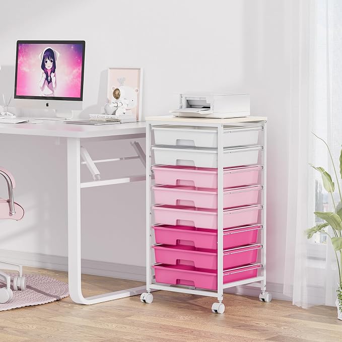 SYKIARIOL Rolling Cart with Drawers,Utility Cart with 8 Drawers,Rose Pink | Craft Organizers and Storage Cart with Wooden Tabletop for Living Room,Classroom, Bedroom,Dorm,Home Office - Image 9