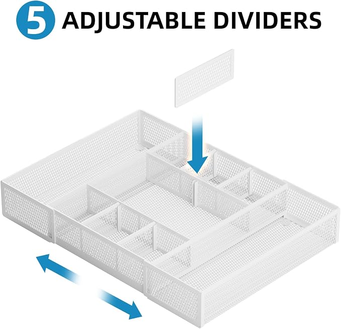 Marbrasse Expandable Desk Drawer Organizer, Mesh Drawer Organizer Tray with 10 Adjustable Compartments, Desk Organizers and Accessories for Office Supplies, Makeup & Vanity (Expandable White-2 pack) - Image 3