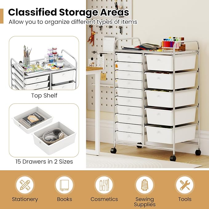 Giantex 15 Drawer Rolling Cart with Drawers, Storage Organizer Cart for Classroom Office School Teacher, Mobile Drawer Cart for Tools, Crafts, Small Printer, Ivory - Image 6