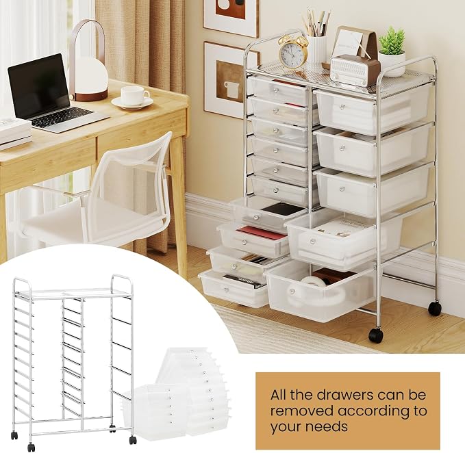 Giantex 15 Drawer Rolling Cart with Drawers, Storage Organizer Cart for Classroom Office School Teacher, Mobile Drawer Cart for Tools, Crafts, Small Printer, Clear - Image 7