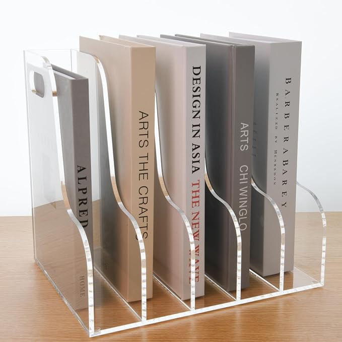 5 Vertical Compartments File Holder, Clear Acrylic Desk Organizer and Storage Bins Holding for Magazines, Binders, Notebooks, Envelopes, Multi-purpose Document Organizer for Home Office - Image 2