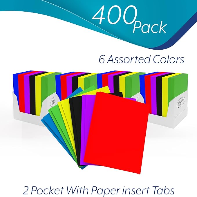 Folders with Pockets and Prongs (400 Pack) 2 Pocket Folders with 3 Prongs for School Paper Folders with Pockets - Image 2