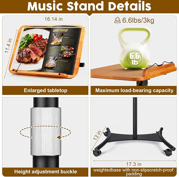2 in 1 Dual-use Music Stand & Desktop Book Stand, Adjustable Height 16.5"-51", 100% Solid Wood Laptop Floor Stand Book Holder with Elastic Page Clips for Cookbooks (Brown-Wheeled) - Image 6