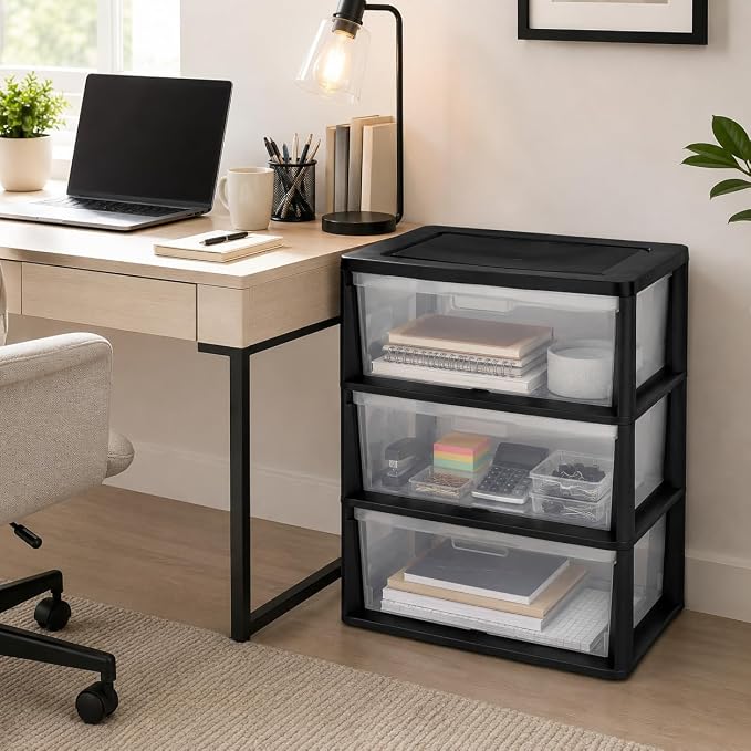 3-Drawer Storage Tower, Plastic Organizer with Clear Removable Bins, Black - Image 2