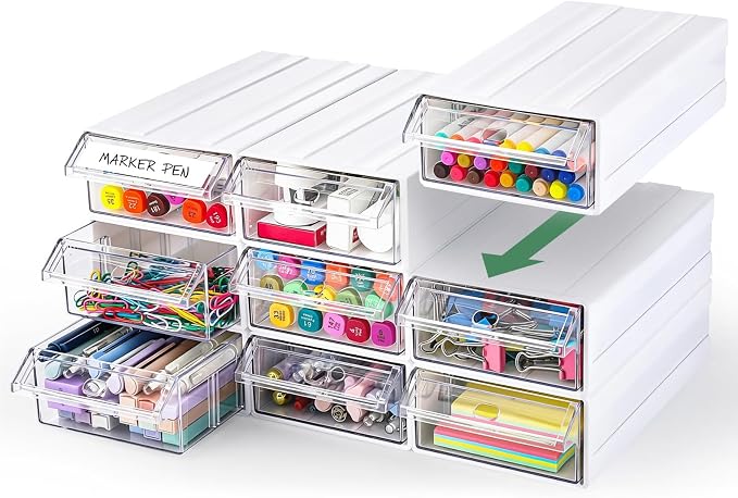 9 Pcs Stacking Office Drawer Organizers - Desktop & Wall Mounted 9 Drawer Storage Closet with 18pcs Clear Dividers Multifunctional Organizer Rack with 9pcs Tag Card for Home Small Items | Track to Lock into Each Other, Stackable without Slipping, 8.7"D... by Aulock