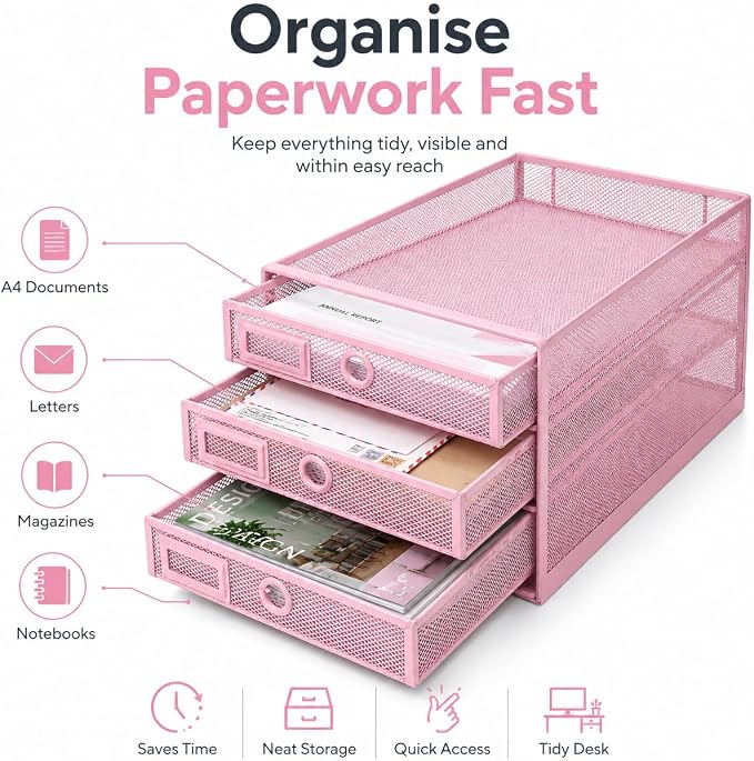 EXERZ Paper Sorter 3 Drawer Wire Mesh A4 / Desk Multifunctional Desk Organiser/Multi-Layer Letter Tray - for Documents, Magazines, Notebooks and Letter - Image 6